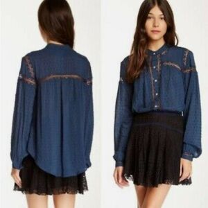 Anthropologie Free People Blue Every Day Girl Swiss Blouse Size Small